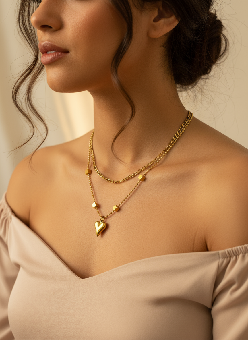 Layered Gold Heart Necklace Set