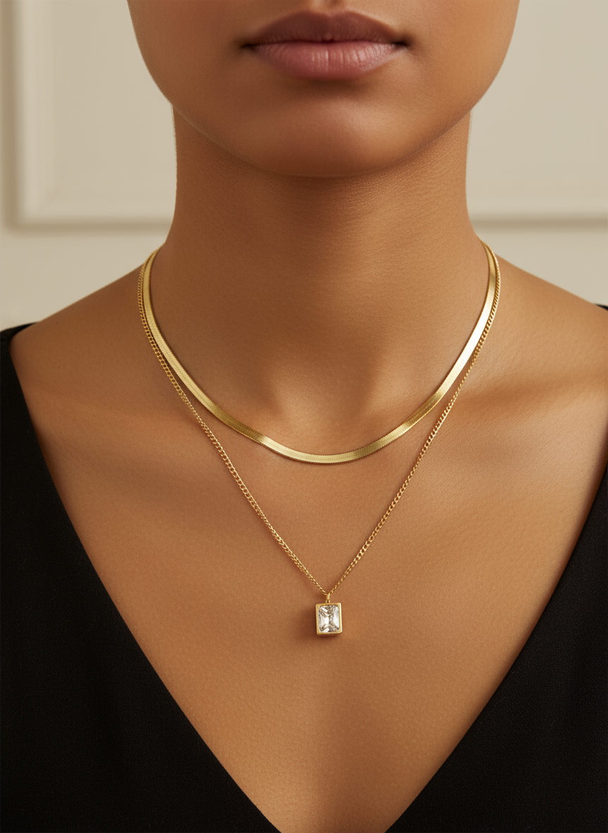 Layered Gold Choker & Crystal Pendant Necklace