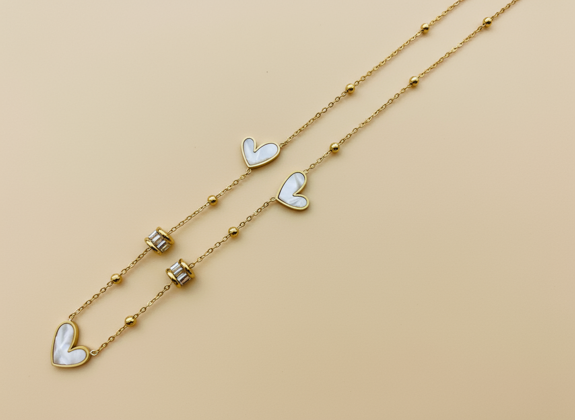 Gold & White Heart Charm Necklace