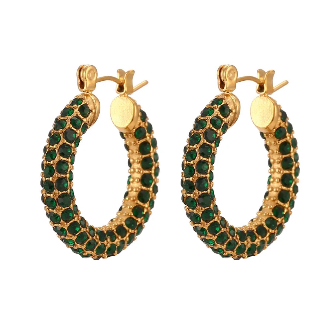Crystal-Embellished Green Hoops Earrings