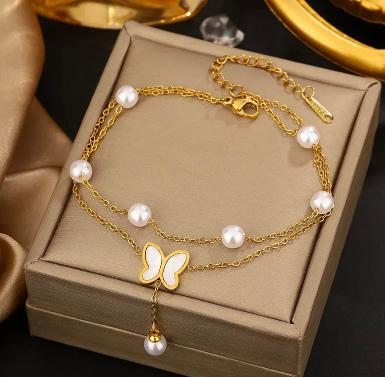 Layered Butterfly and Pearl Bracelet