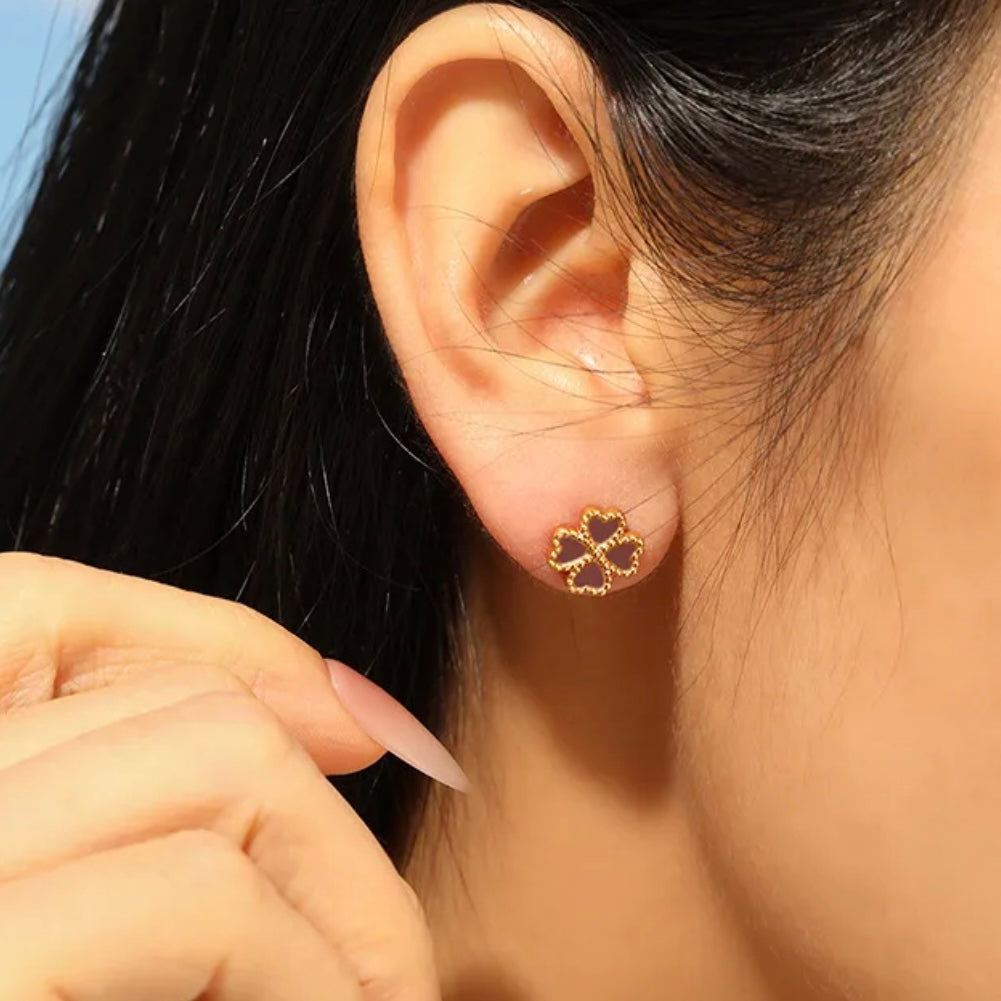 Red Clover Heart Stud Earrings