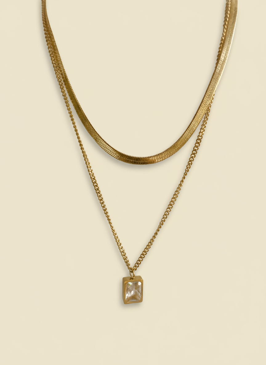 Layered Gold Choker & Crystal Pendant Necklace