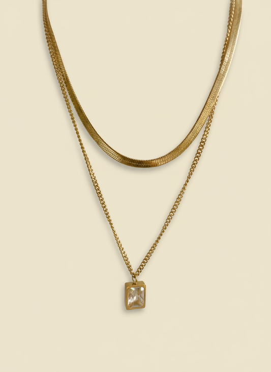 Layered Gold Choker & Crystal Pendant Necklace