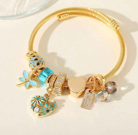 Serene Blue & Gold Charm Bangle Bracelet