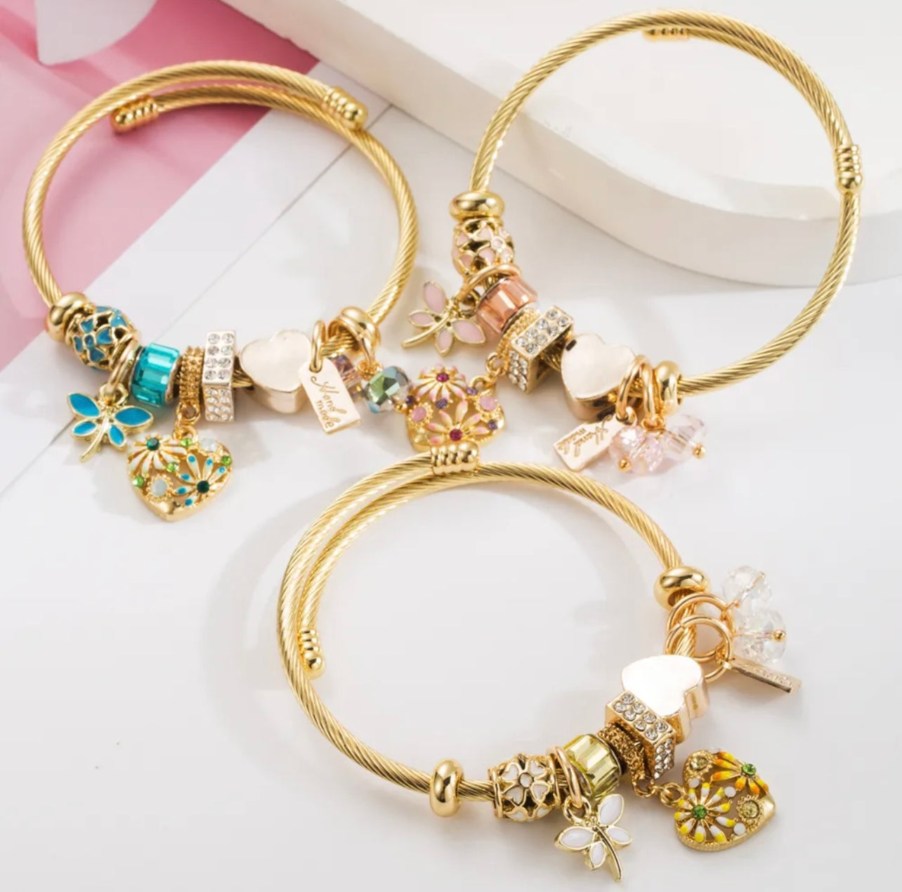 Serene Blue & Gold Charm Bangle Bracelet