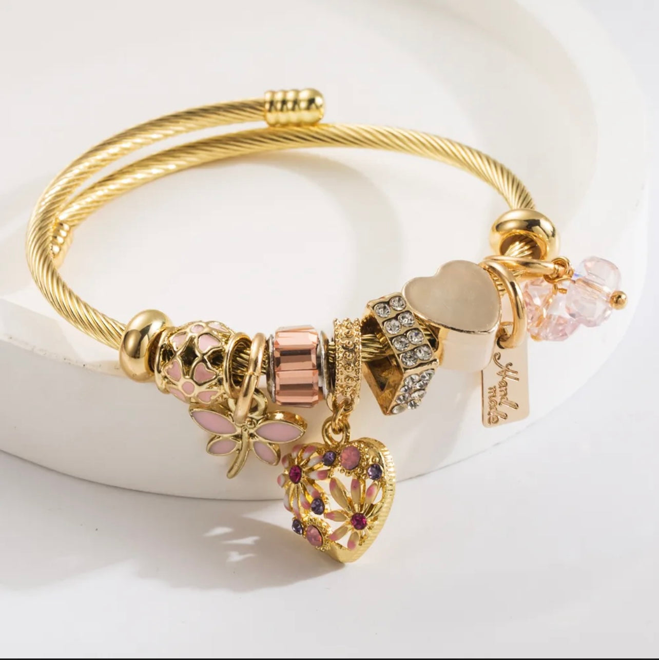 Pink & Gold Charm Bangle Bracelet