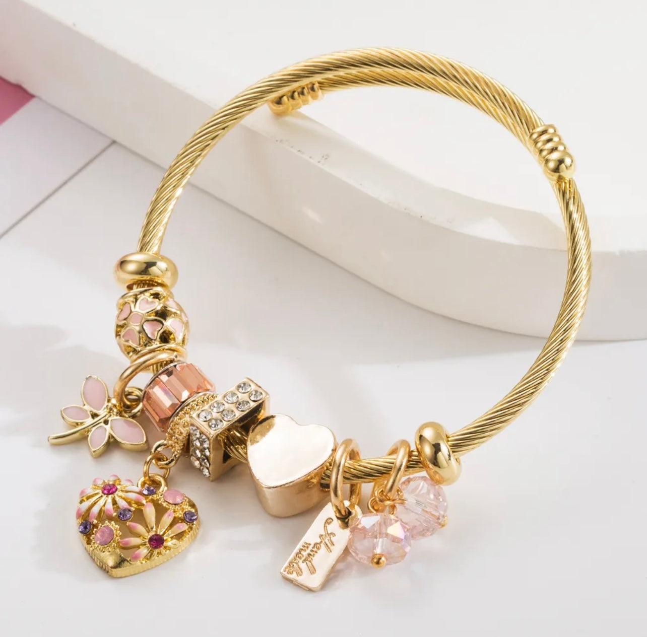 Pink & Gold Charm Bangle Bracelet