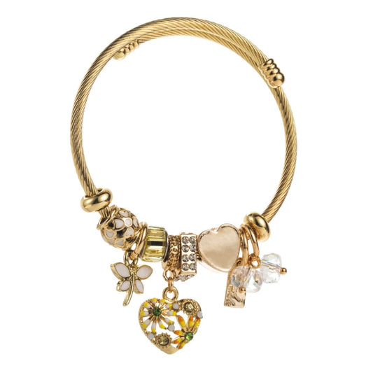 White & Gold Charm Bangle Bracelet