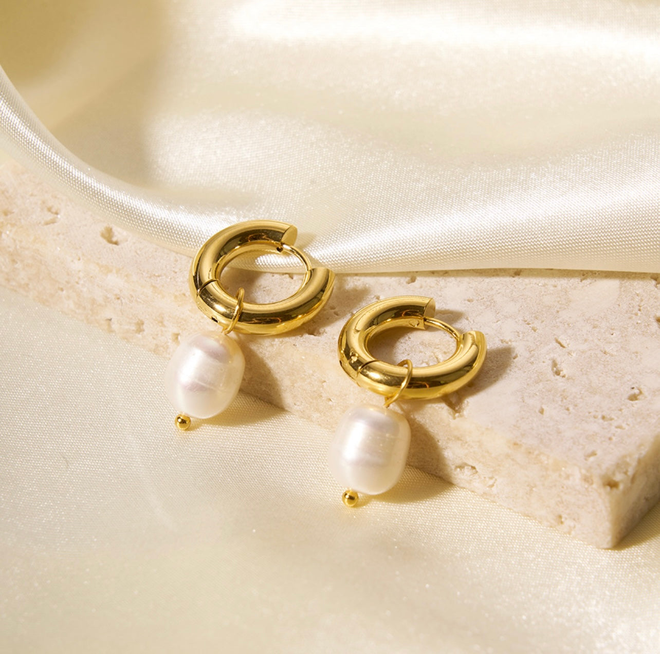 Modern Pearl Drop Hoops Earrings