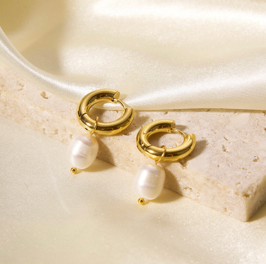 Modern Pearl Drop Hoops Earrings
