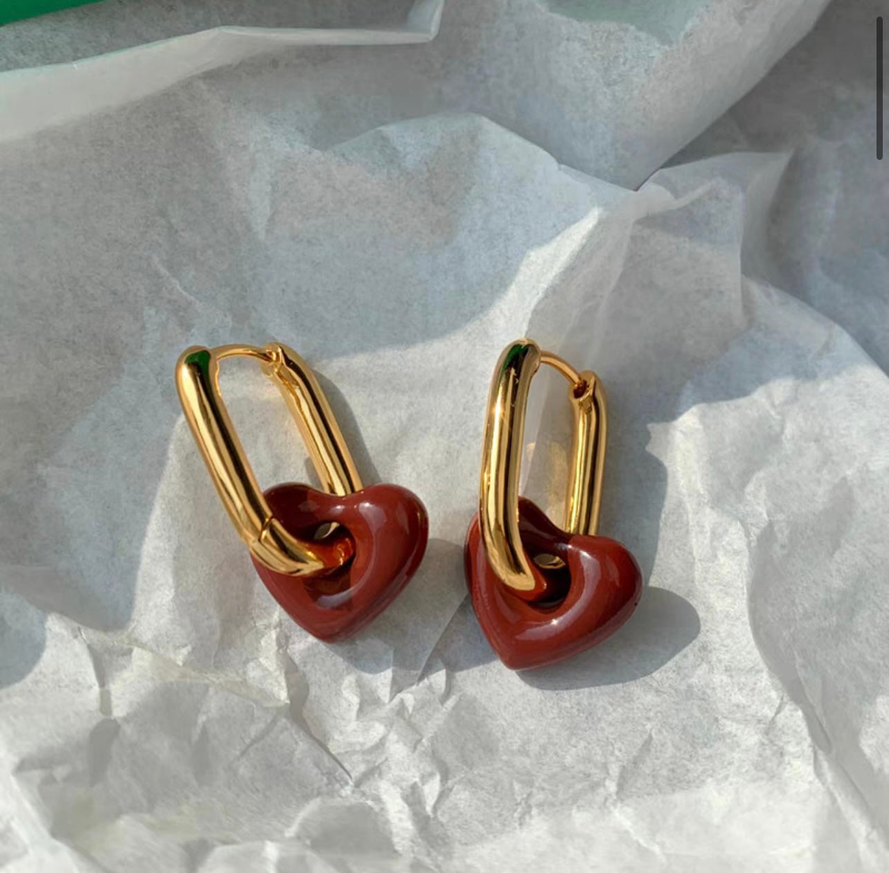 Red Resin Heart Dangle Hoop Earrings