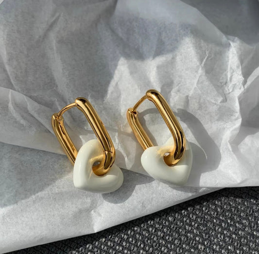 White Resin Heart Dangle Hoop Earrings