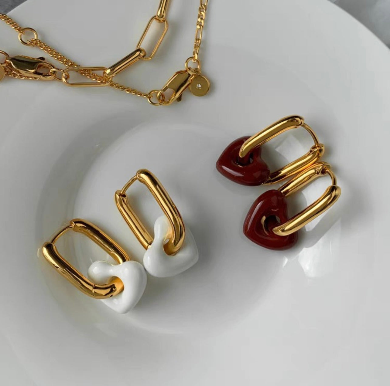 White Resin Heart Dangle Hoop Earrings