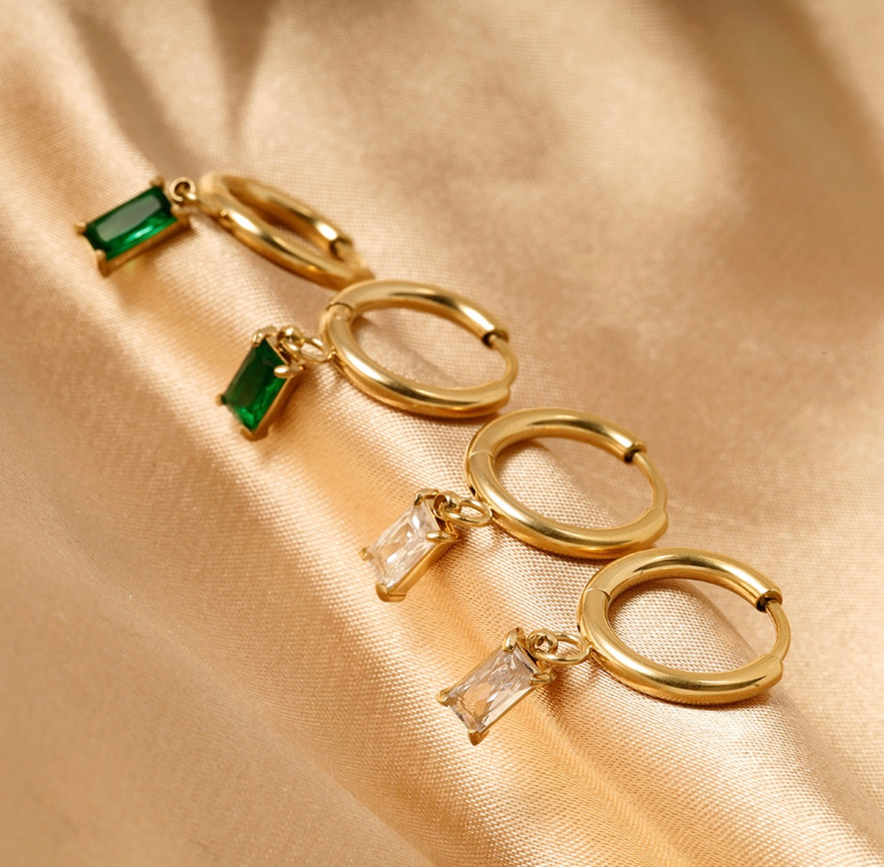 Gold & green Baguette Drop Huggie Earrings