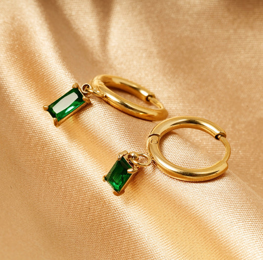 Gold & green Baguette Drop Huggie Earrings