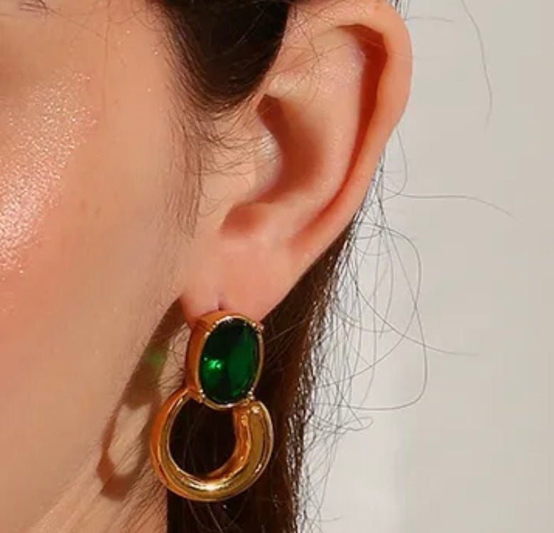 Oval Green Crystal Huggie Dangle Earrings