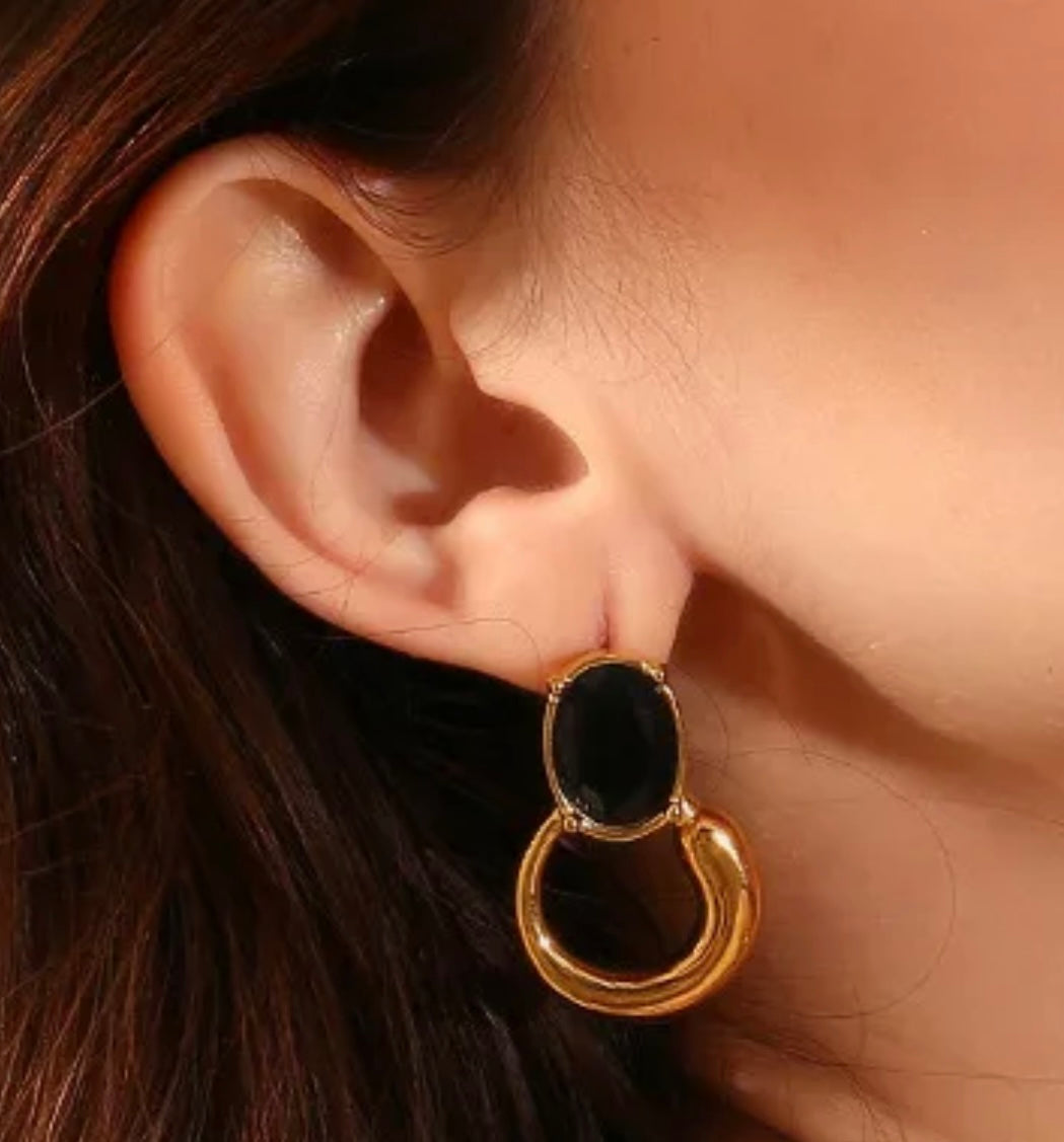 Oval Black Crystal Huggie Dangle Earrings