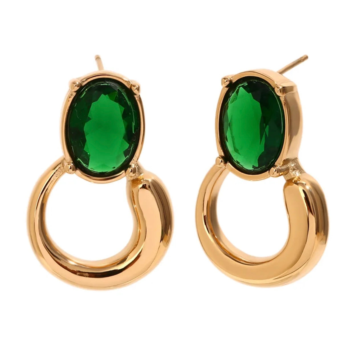 Oval Green Crystal Huggie Dangle Earrings