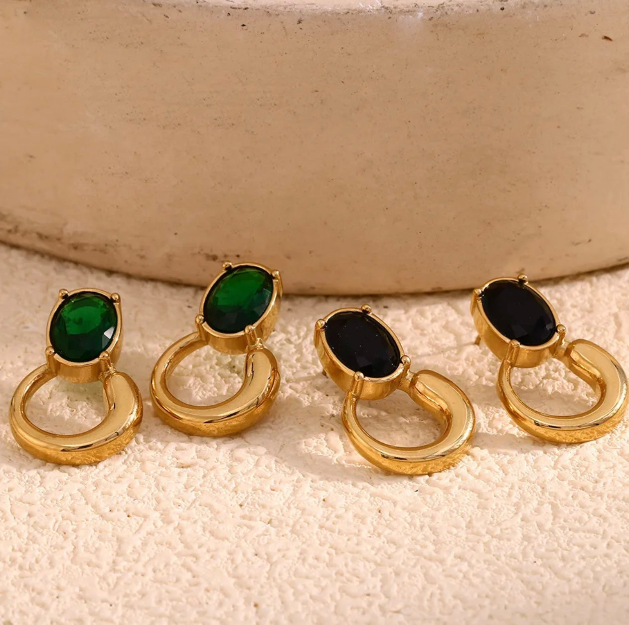 Oval Black Crystal Huggie Dangle Earrings