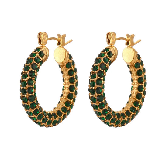 Crystal-Embellished Green Hoops Earrings