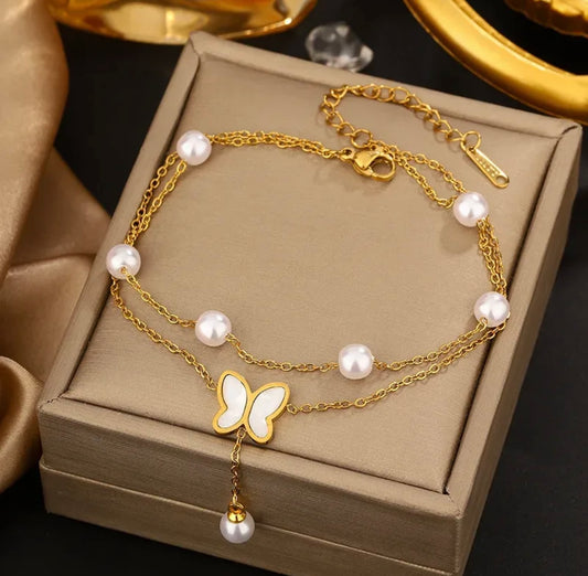 Layered Butterfly and Pearl Bracelet