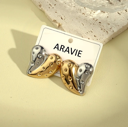 Two-Tone Puffy Textured Heart Studs