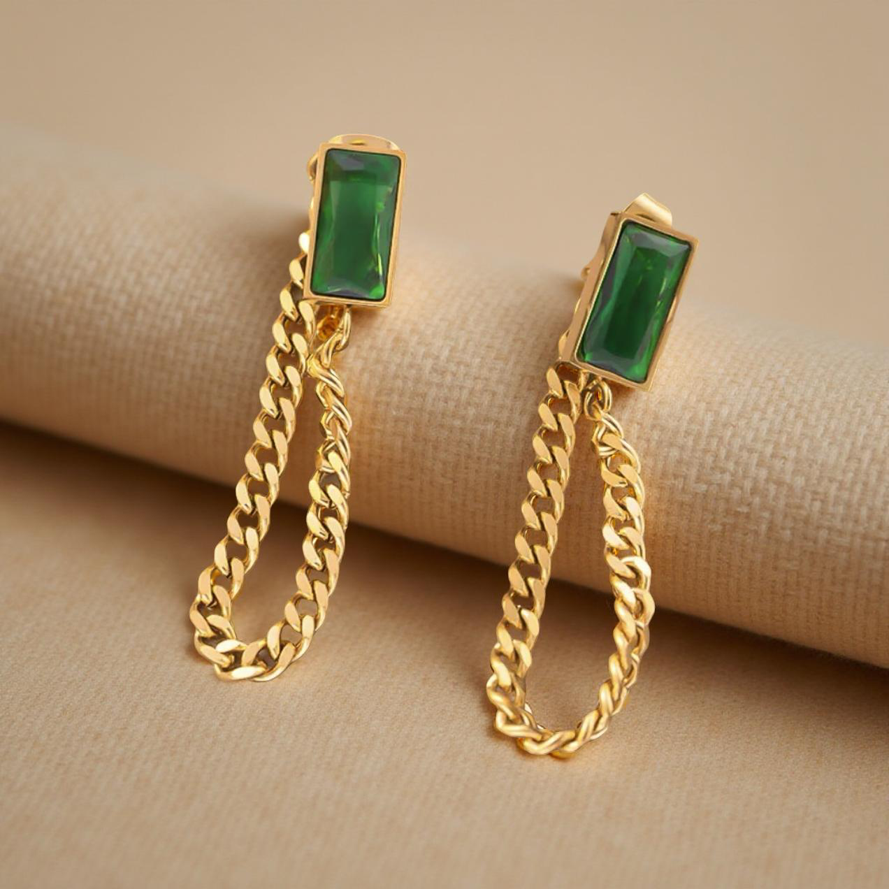Luxury Chain Drop Green Statement Earrings