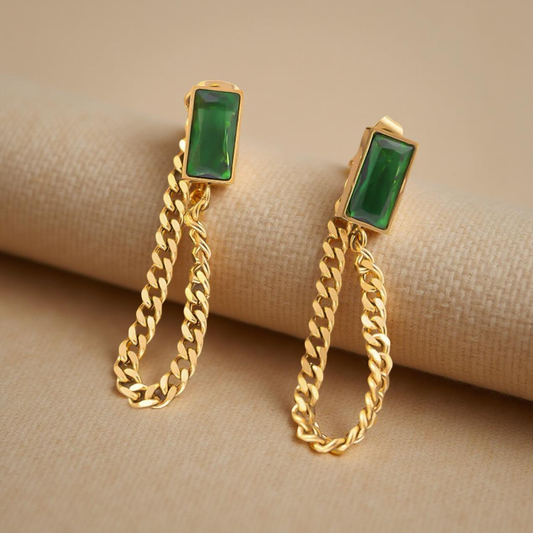 Luxury Chain Drop Green Statement Earrings