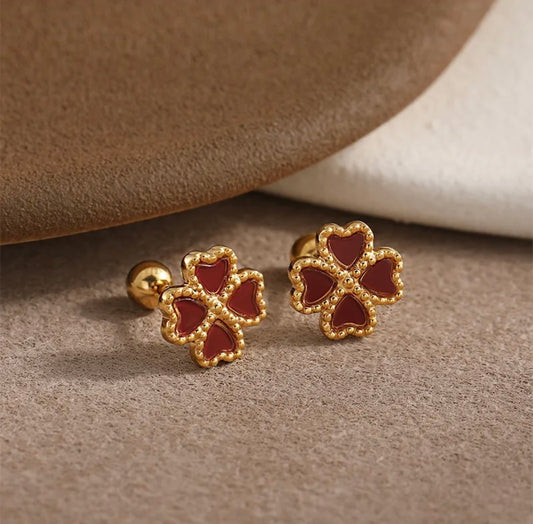 Red Clover Heart Stud Earrings