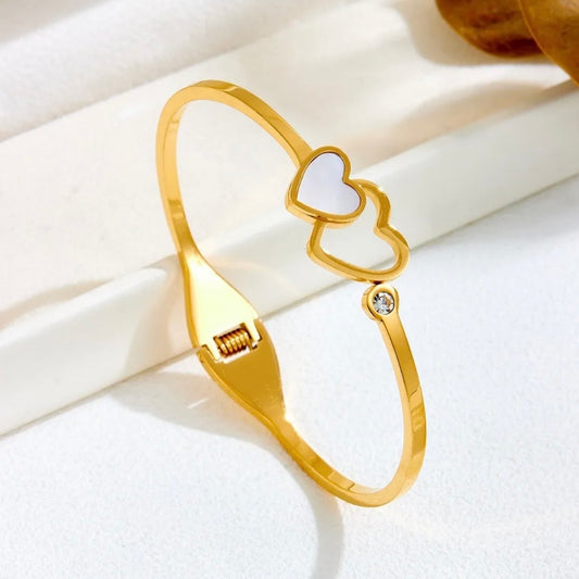Double Heart Gold Bangle Bracelet