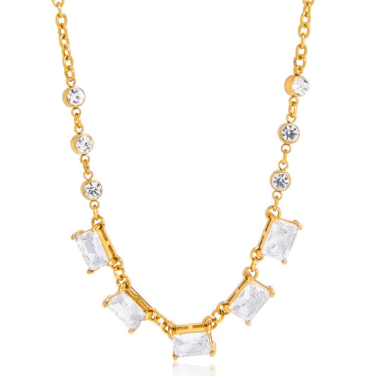 five emerald-cut clear crystals